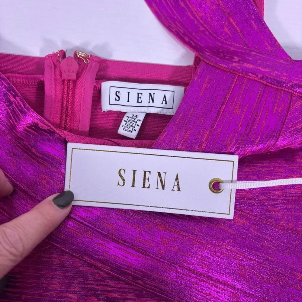 NWT Siena Magenta Sweetheart Neck Foiled Metallic Bandage Dress Size 14 1258
